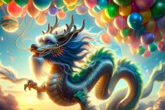 DALL·E-2024-05-23-16.52.09-A-majestic-luck-dragon-floating-gracefully-through-the-sky-attached-to-a-bunch-of-colorful-balloons.-The-dragon-has-a-long-serpentine-body-covered-i