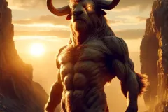 DALL·E-2024-05-23-17.09.52-A-hyperrealistic-image-of-a-minotaur-standing-in-a-rugged-rocky-landscape-during-the-golden-hour.-The-minotaur-has-a-muscular-humanoid-body-with-the
