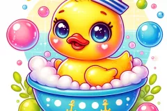 DALL·E-2024-05-25-16.25.24-A-cute-brightly-colored-rubber-duck-sitting-in-a-bubbly-bath-with-a-cheerful-expression-and-a-little-sailor-hat.-The-background-is-filled-with-playf